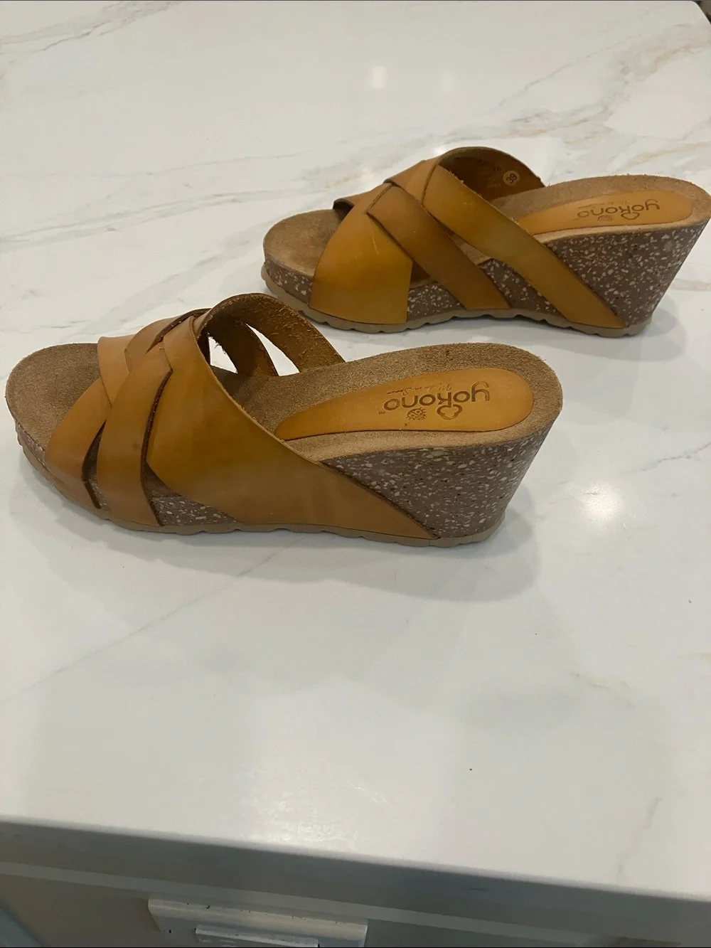 Yokono Made in Spain Women’s Mustard Leather Wedge Cork Heel Sandals Sz 29- EUC